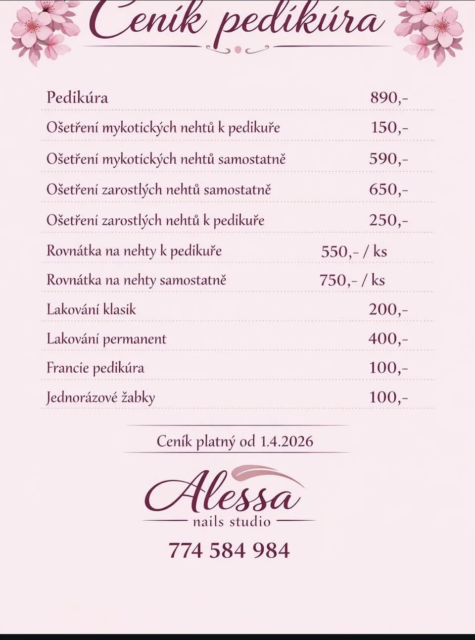 Ceník Pedikúra